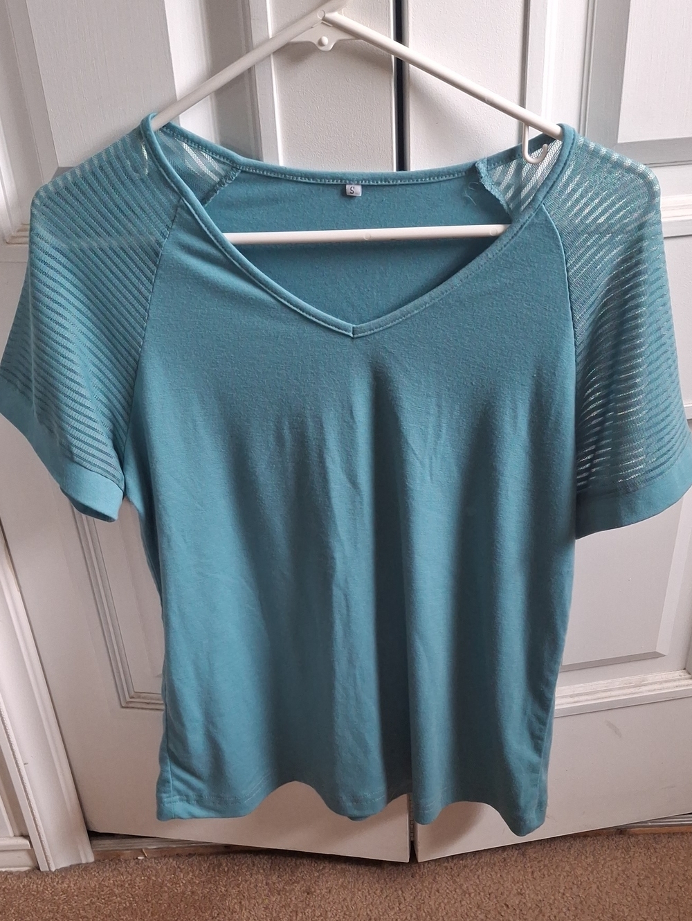 Women's Teal V-Neck Short Sleeve Top with Sheer Stripe Sleeves